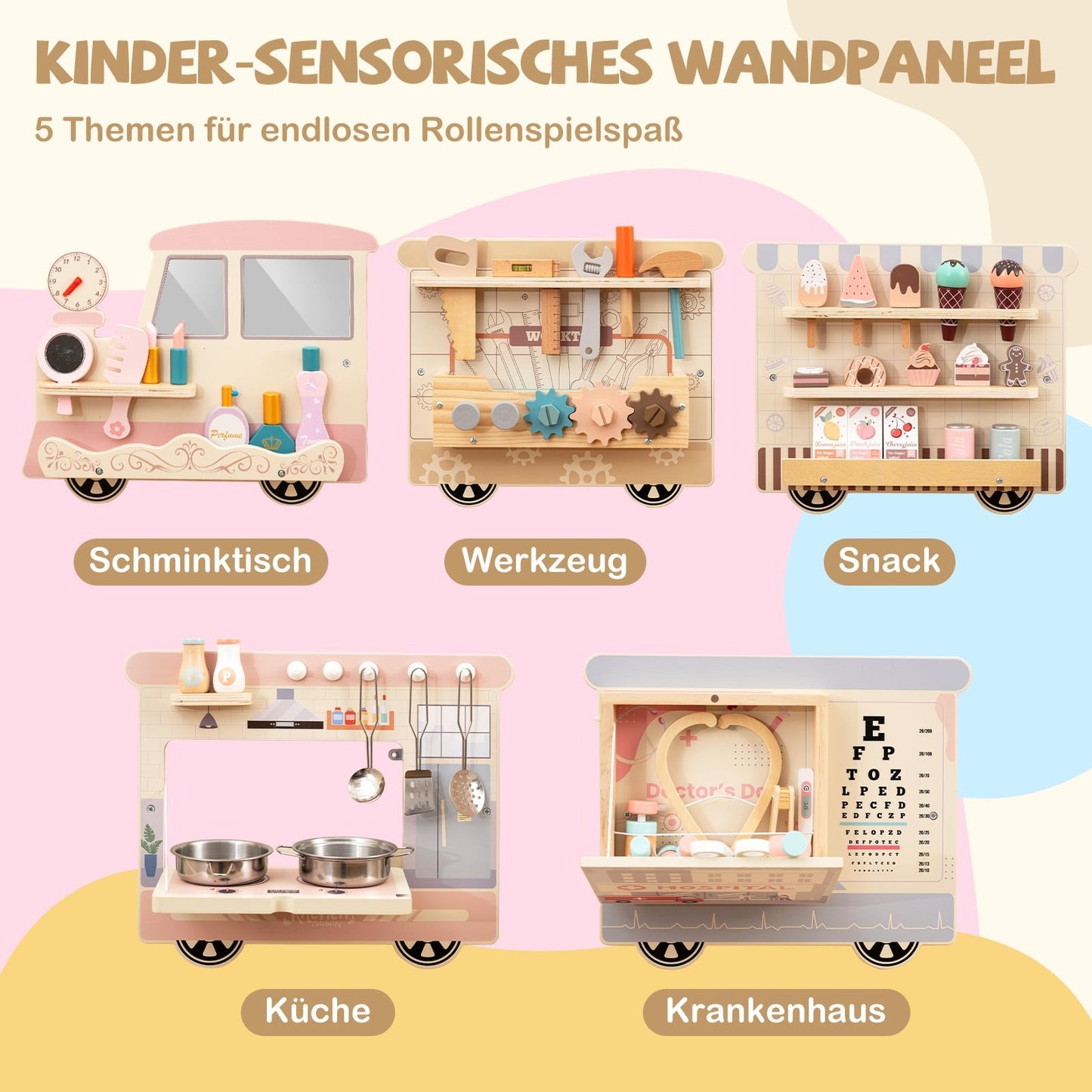 Wall-Mounted 5-in-1 Busy Board for Kids, 63 Accessories