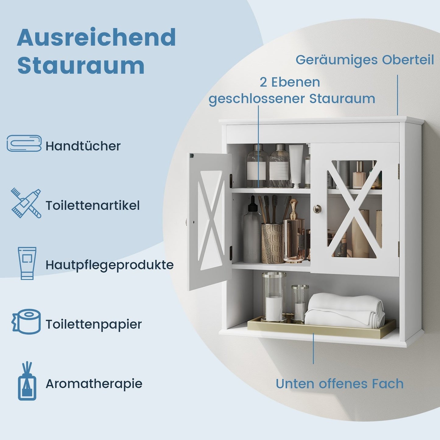 Wall-Mounted Bathroom Cabinet, Adjustable Shelf, White MDF