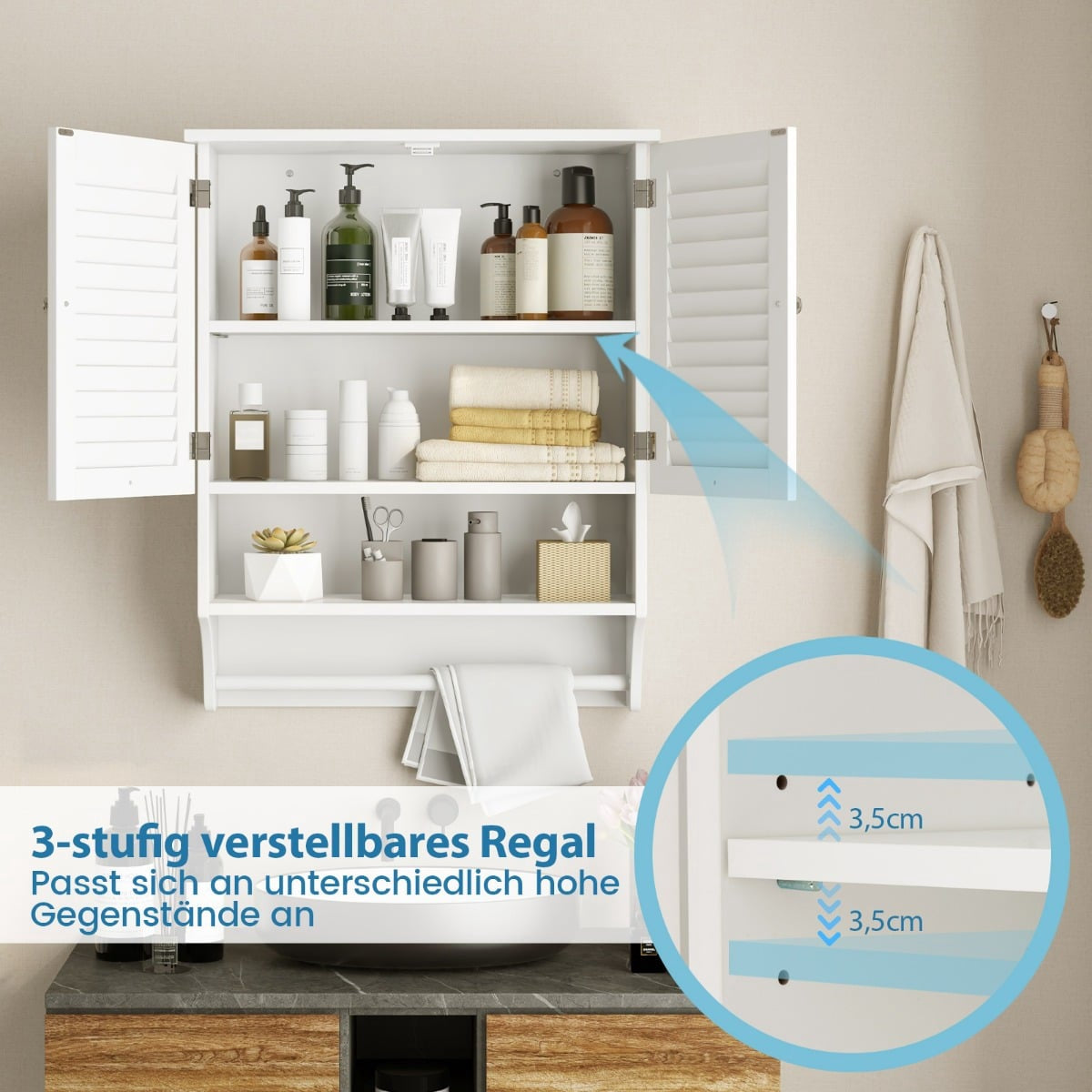 Wall-Mounted Bathroom Cabinet, White, 58x22x75 cm