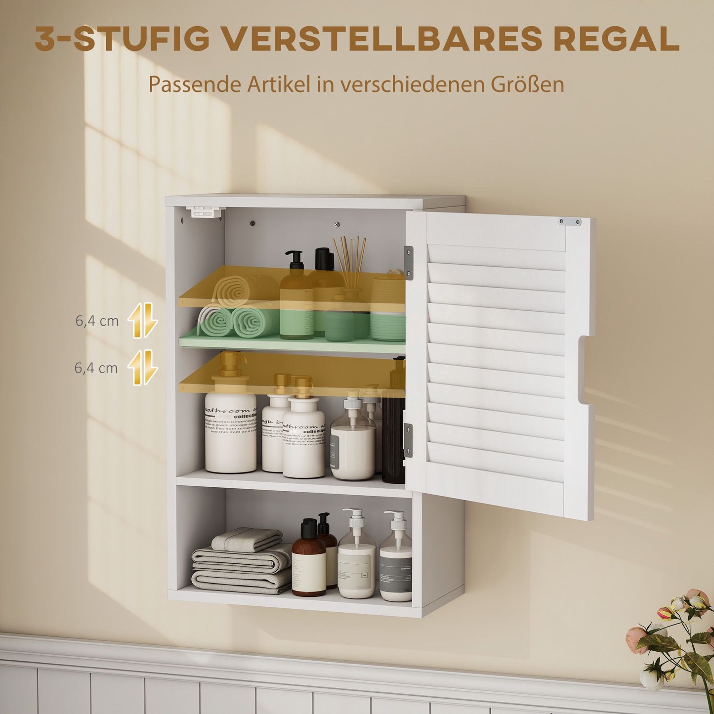 Wall-Mounted Bathroom Cabinet, White MDF, Adjustable Shelves