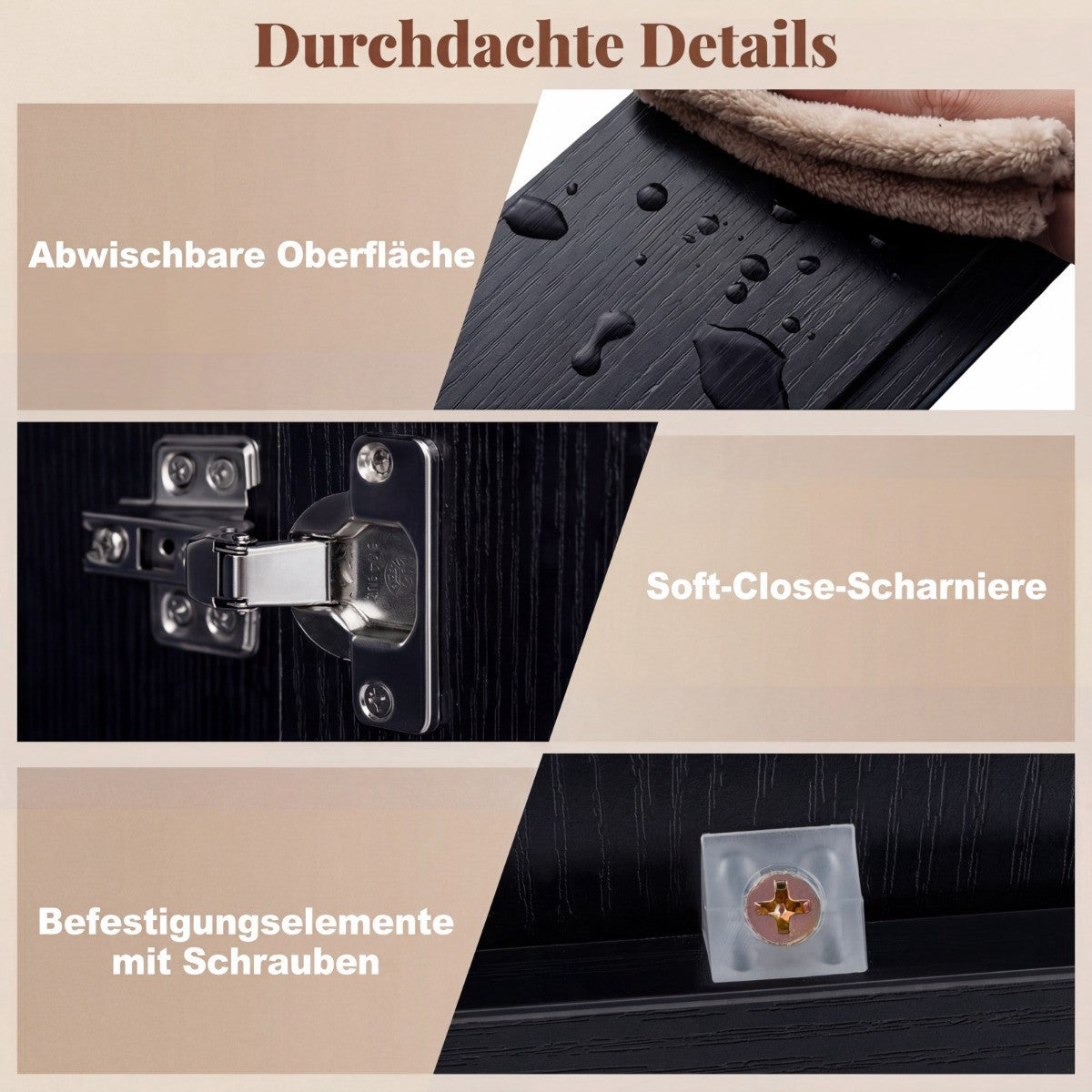 Wall-Mounted Bathroom Cabinet with Mirror Doors, Black, MDF