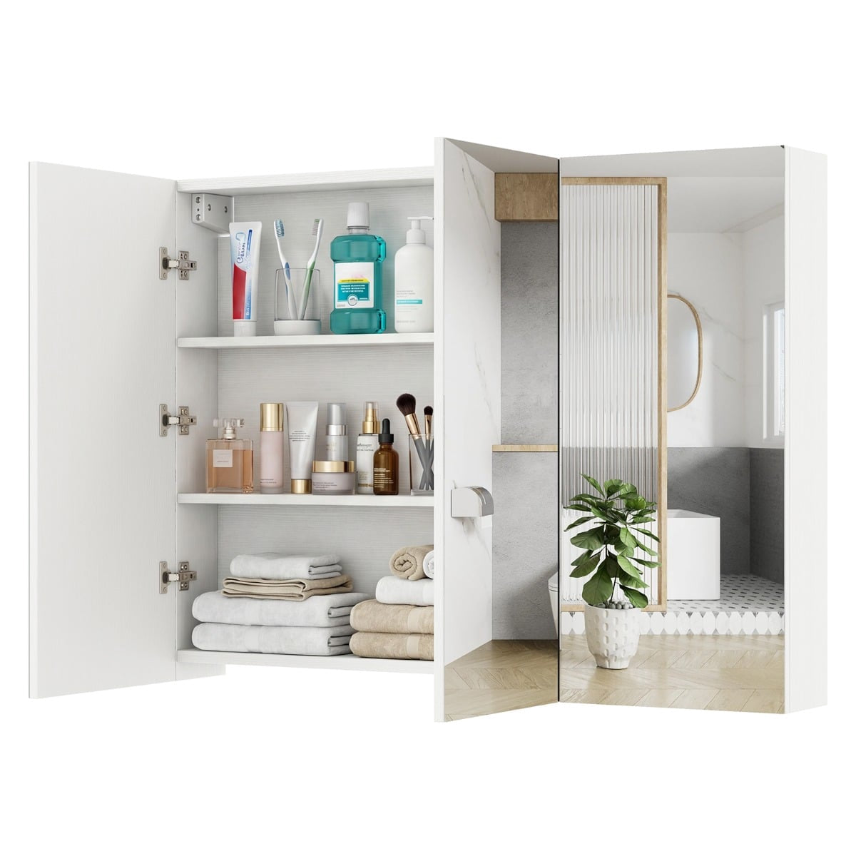 Wall-Mounted Bathroom Mirror Cabinet, 87 cm, 3 Doors, 6 Shelves