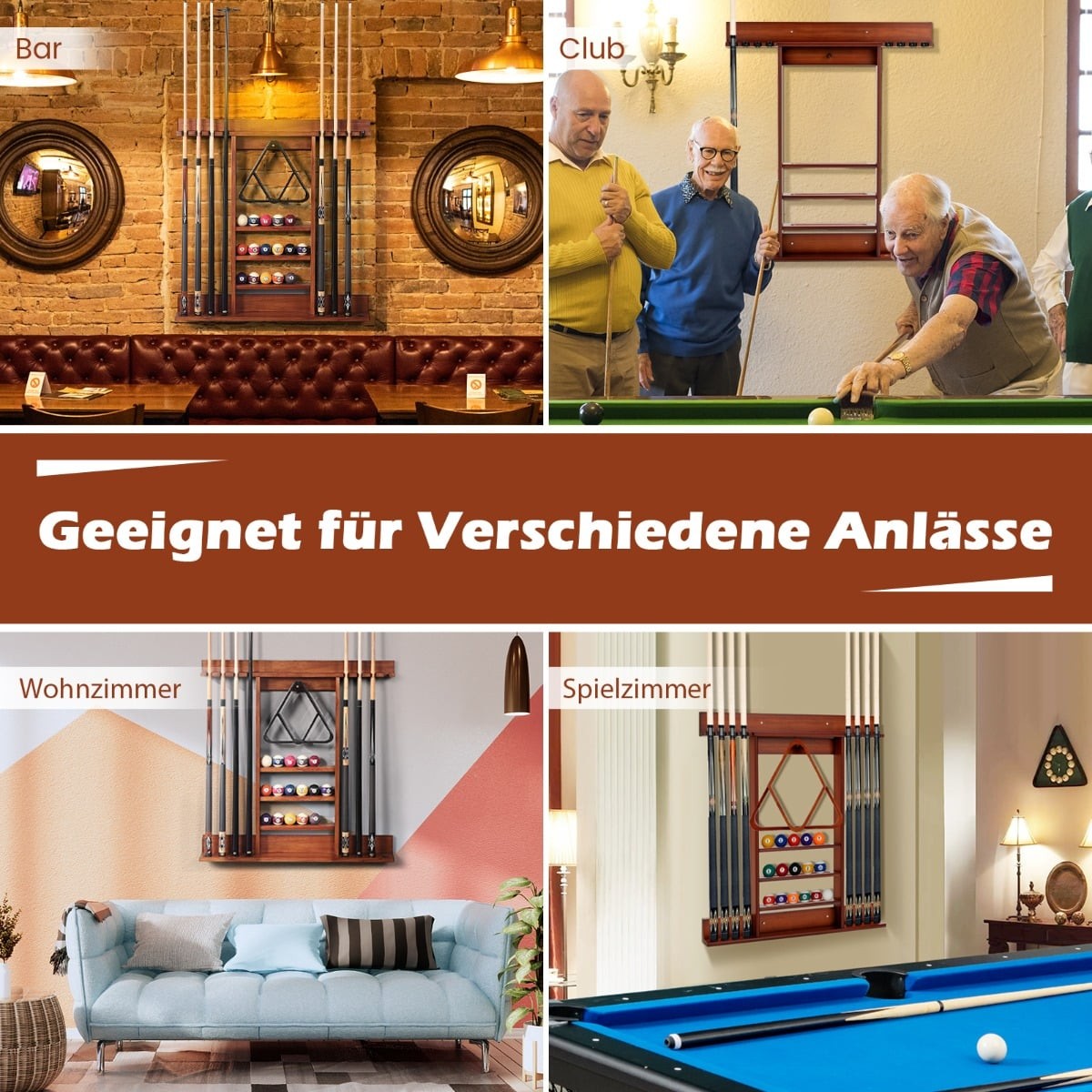 Wall-Mounted Billiard Cue Rack for 8 Cues, 15 Balls
