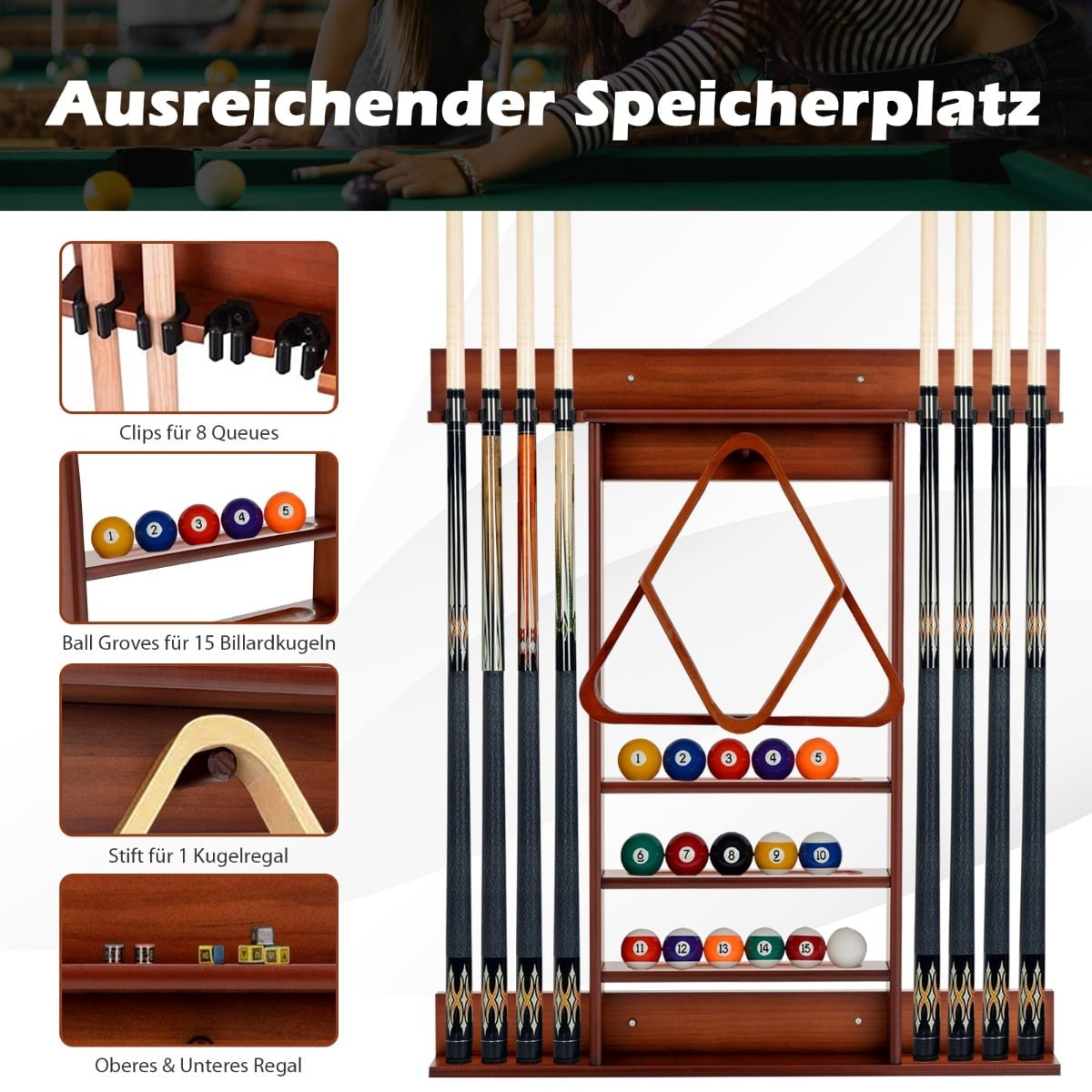 Wall-Mounted Billiard Cue Rack for 8 Cues, 15 Balls