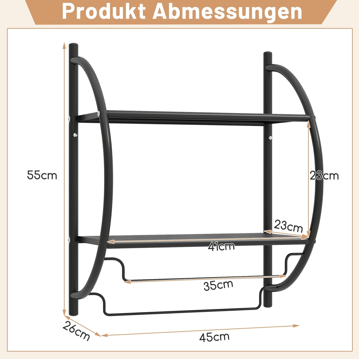 Wall-Mounted Black Metal Towel Rack with Shelf, 45x25.5x55 cm