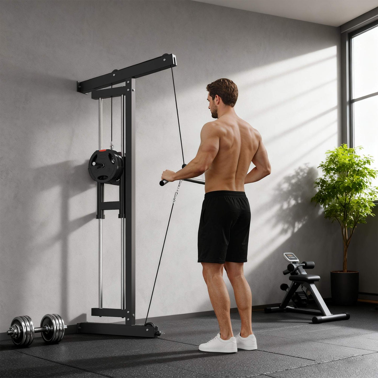 Wall-Mounted Cable Machine, Steel, Black, Home Gym Equipment