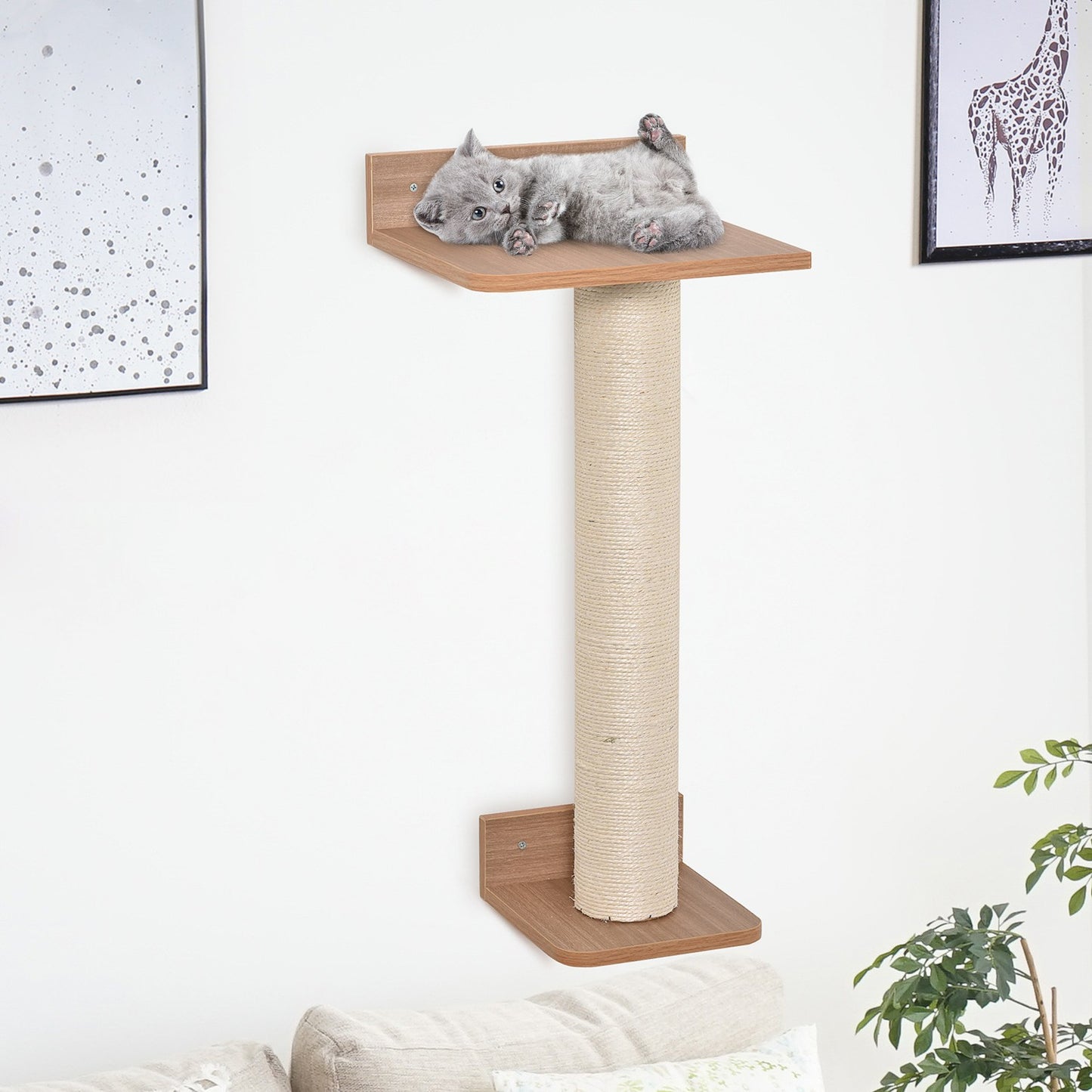 Wall mounted cat tree with sisal scratching post, natural