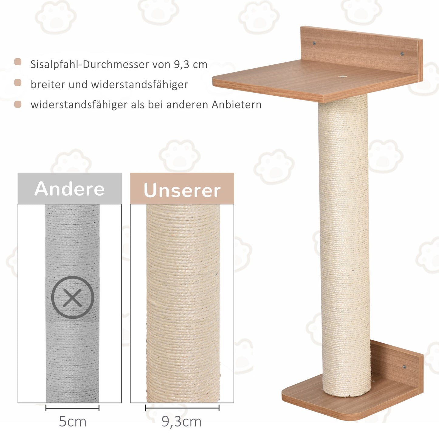 Wall mounted cat tree with sisal scratching post, natural