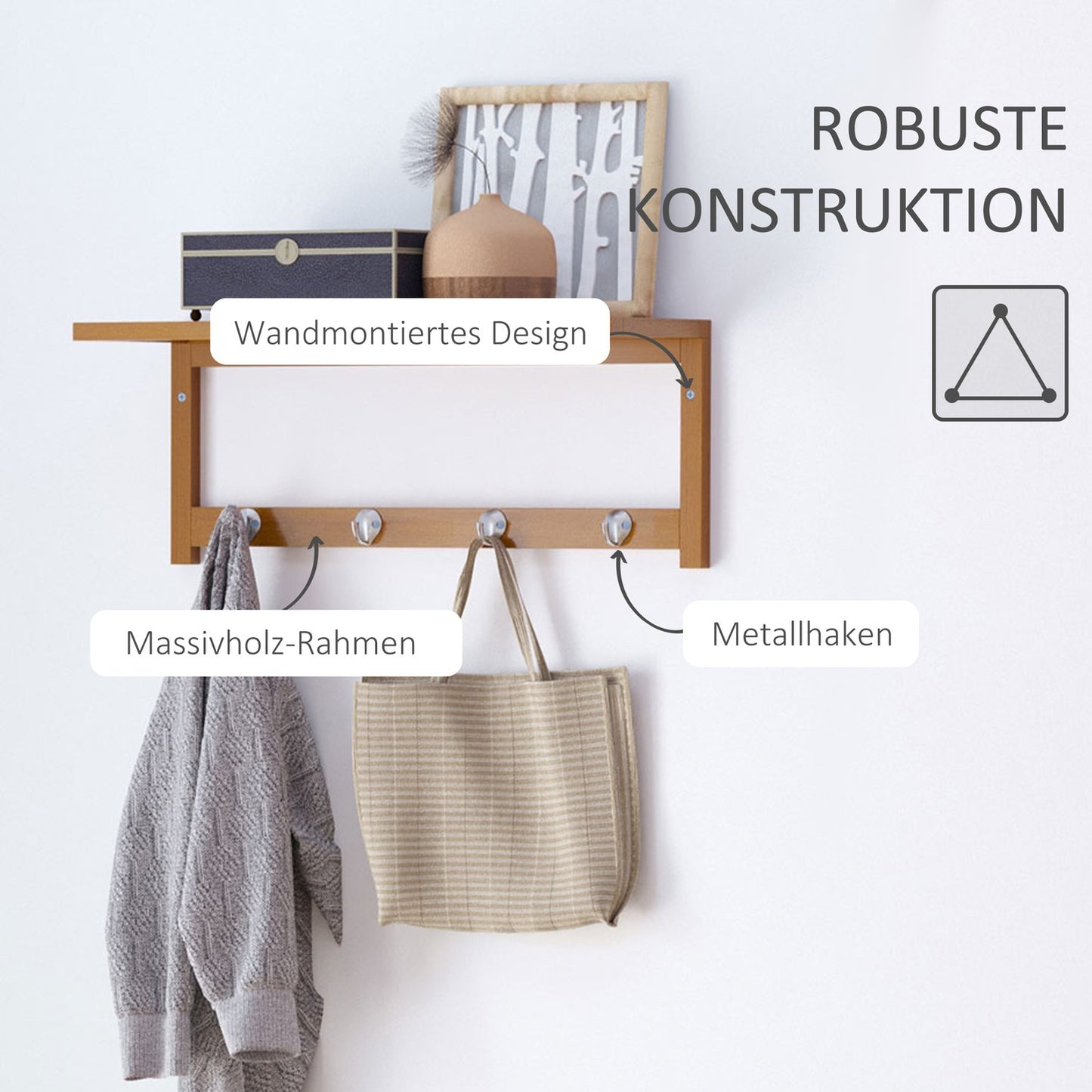 Wall-Mounted Coat Rack, Natural Wood, 4 Hooks, 5kg Capacity