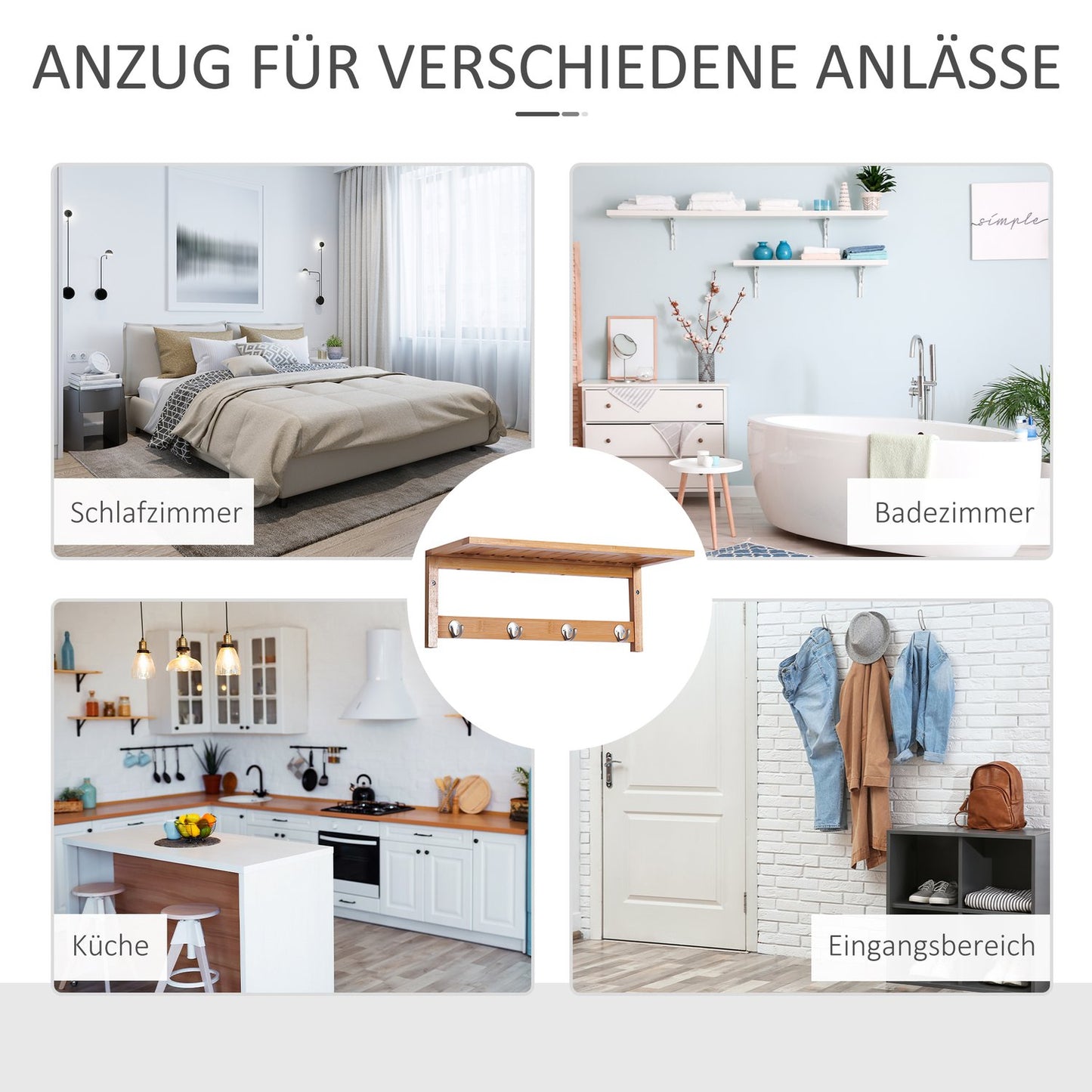 Wall-Mounted Coat Rack, Natural Wood, 4 Hooks, 5kg Capacity