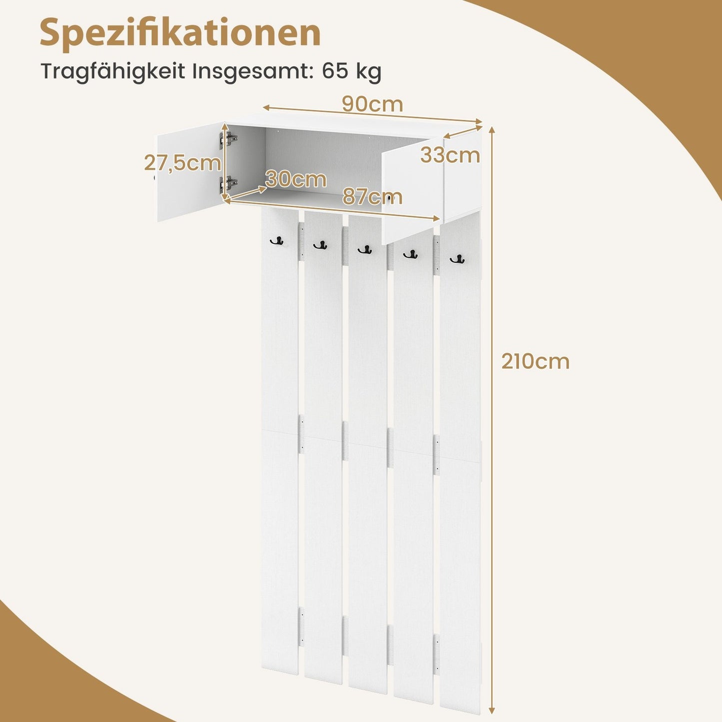 Wall-Mounted Coat Rack with 5 Hooks and Cabinet