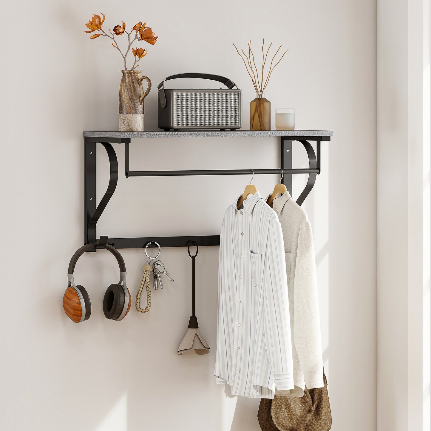 Wall-Mounted Coat Rack with Shelf and 5 Hooks, Gray