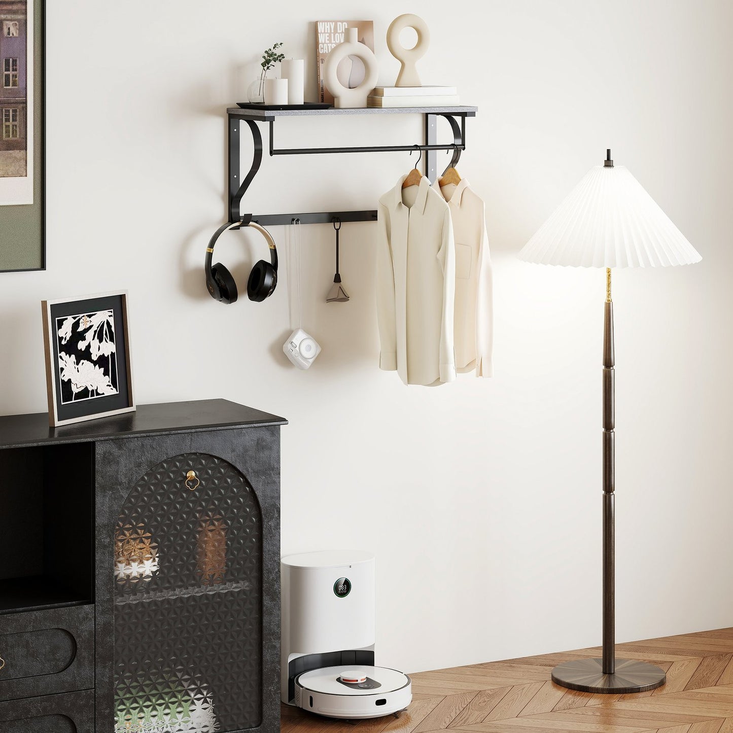 Wall-Mounted Coat Rack with Shelf and 5 Hooks, Gray