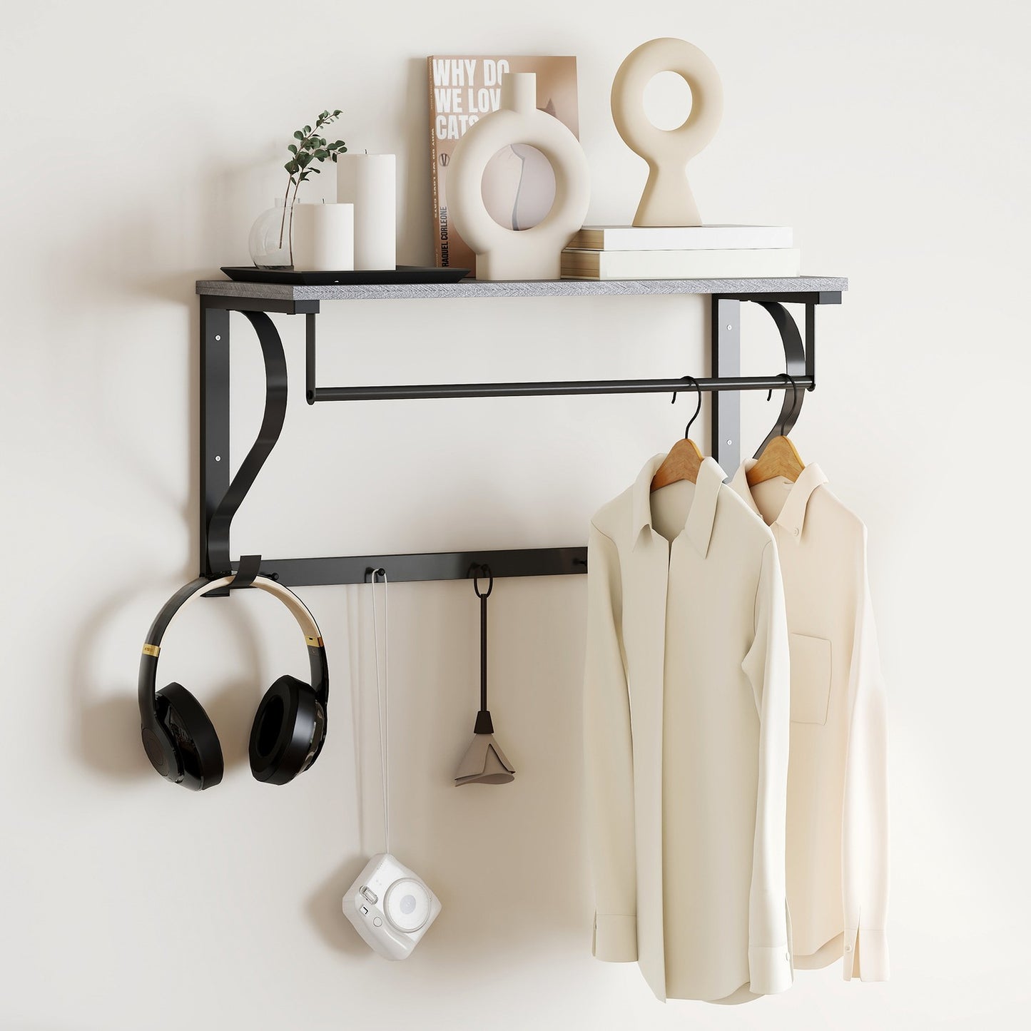 Wall-Mounted Coat Rack with Shelf and 5 Hooks, Gray