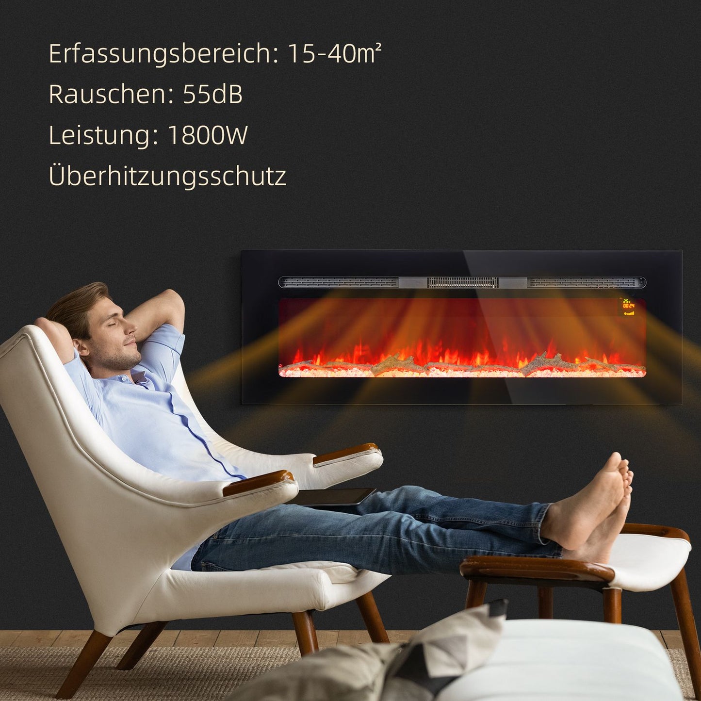 Wall-Mounted Electric Fireplace, 1800W, Adjustable Heat