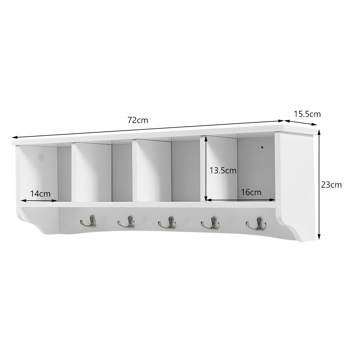 Wall-Mounted Entryway Cabinet with 4 Shelves & 5 Hooks, White