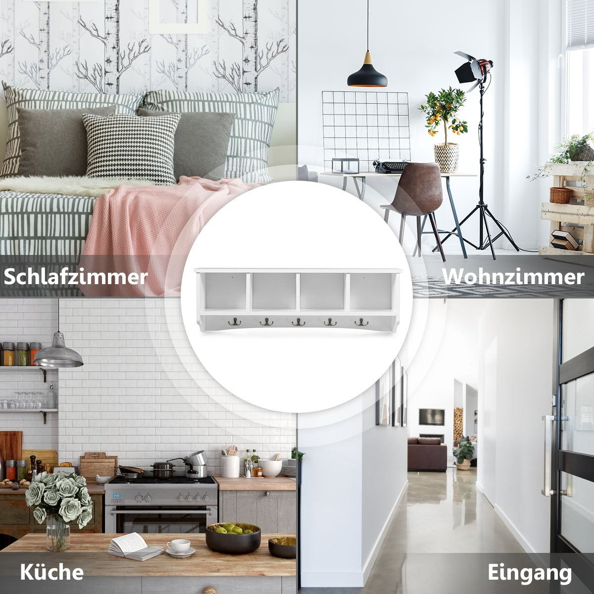 Wall-Mounted Entryway Cabinet with 4 Shelves & 5 Hooks, White