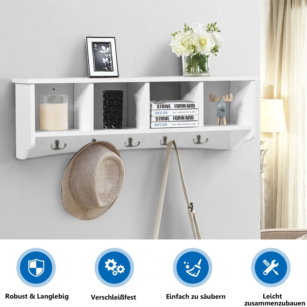 Wall-Mounted Entryway Cabinet with 4 Shelves & 5 Hooks, White