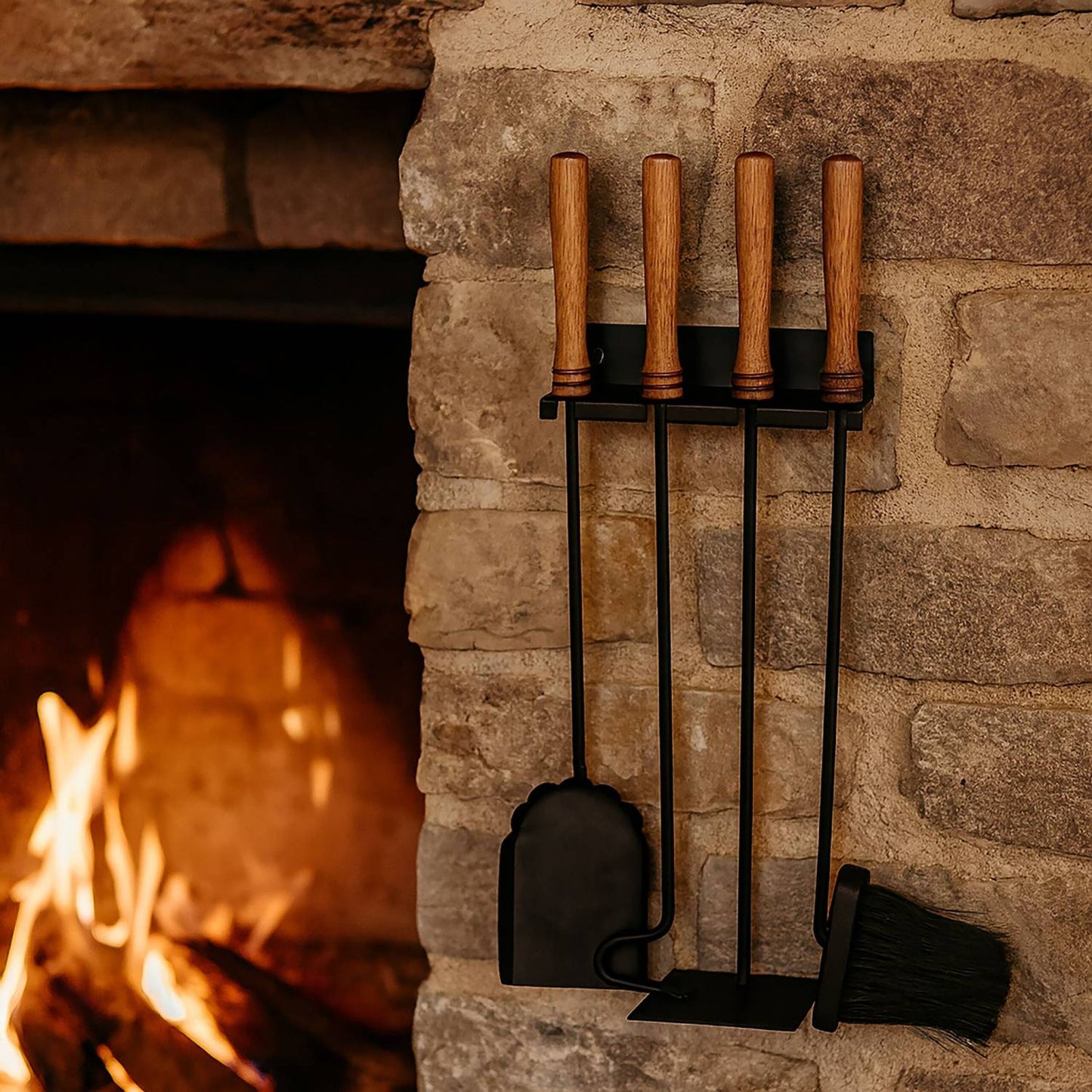 Wall-Mounted Fireplace Tool Set, Steel & Wood, 5-Piece