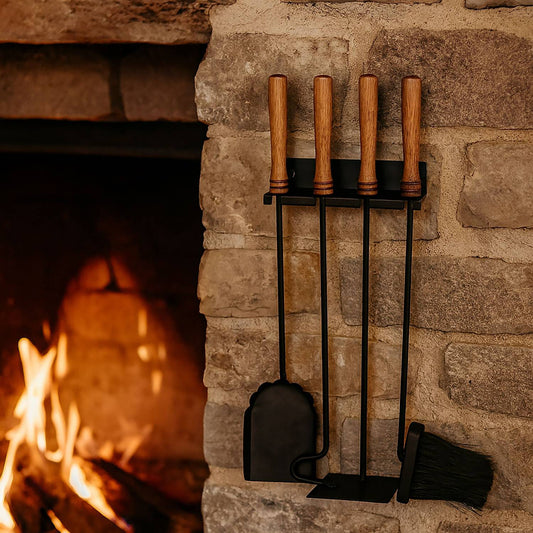 Wall-Mounted Fireplace Tool Set, Steel & Wood, 5-Piece