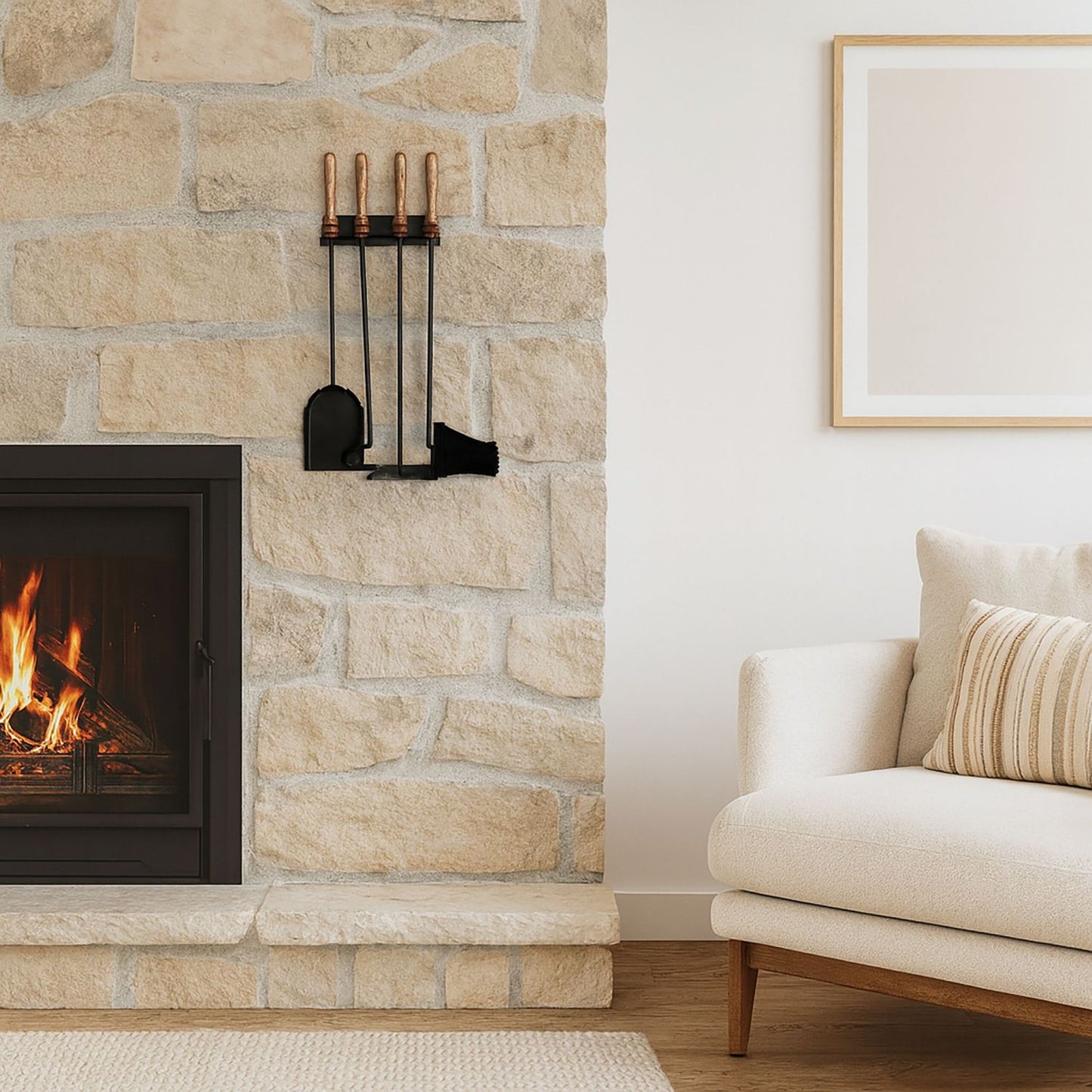 Wall-Mounted Fireplace Tool Set, Steel & Wood, 5-Piece