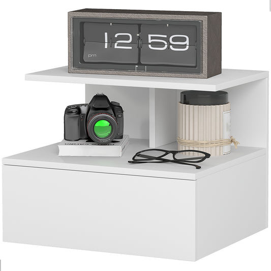 Wall-Mounted Floating Nightstand with Drawer, White, 39.8 x 35 x 31.6 cm