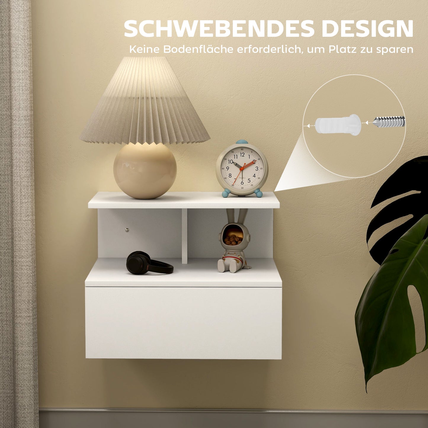 Wall-Mounted Floating Nightstand with Drawer, White, 39.8 x 35 x 31.6 cm