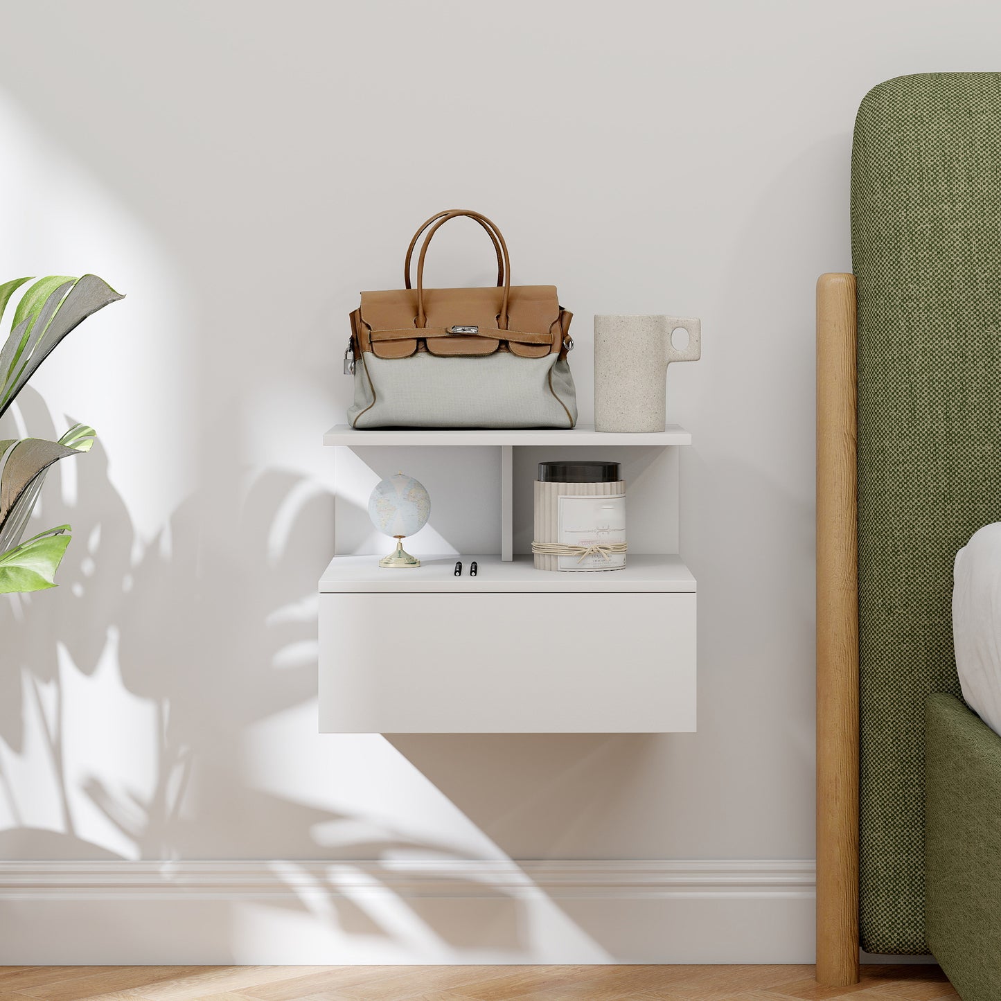 Wall-Mounted Floating Nightstand with Drawer, White, 39.8 x 35 x 31.6 cm