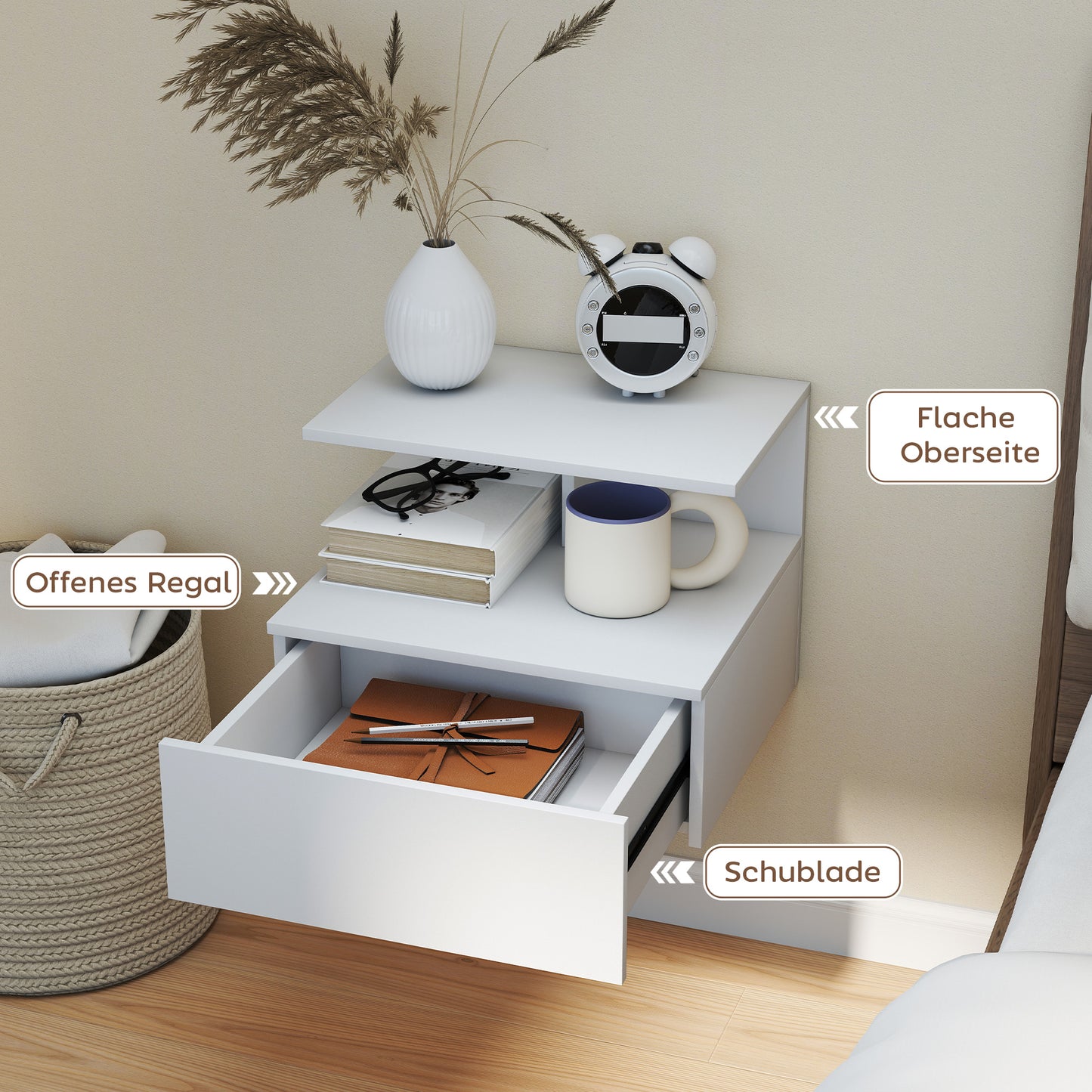 Wall-Mounted Floating Nightstand with Drawer, White, 39.8 x 35 x 31.6 cm