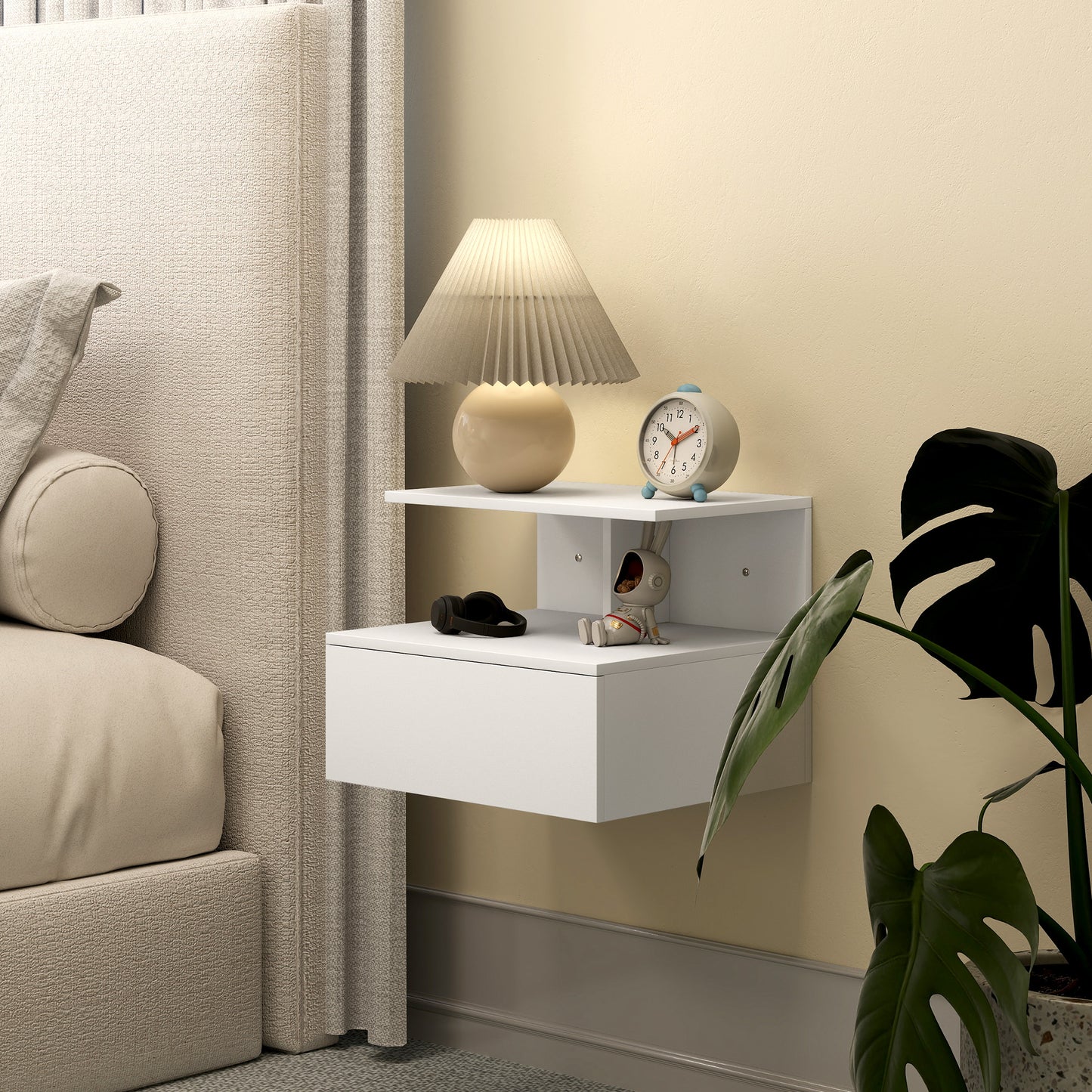 Wall-Mounted Floating Nightstand with Drawer, White, 39.8 x 35 x 31.6 cm