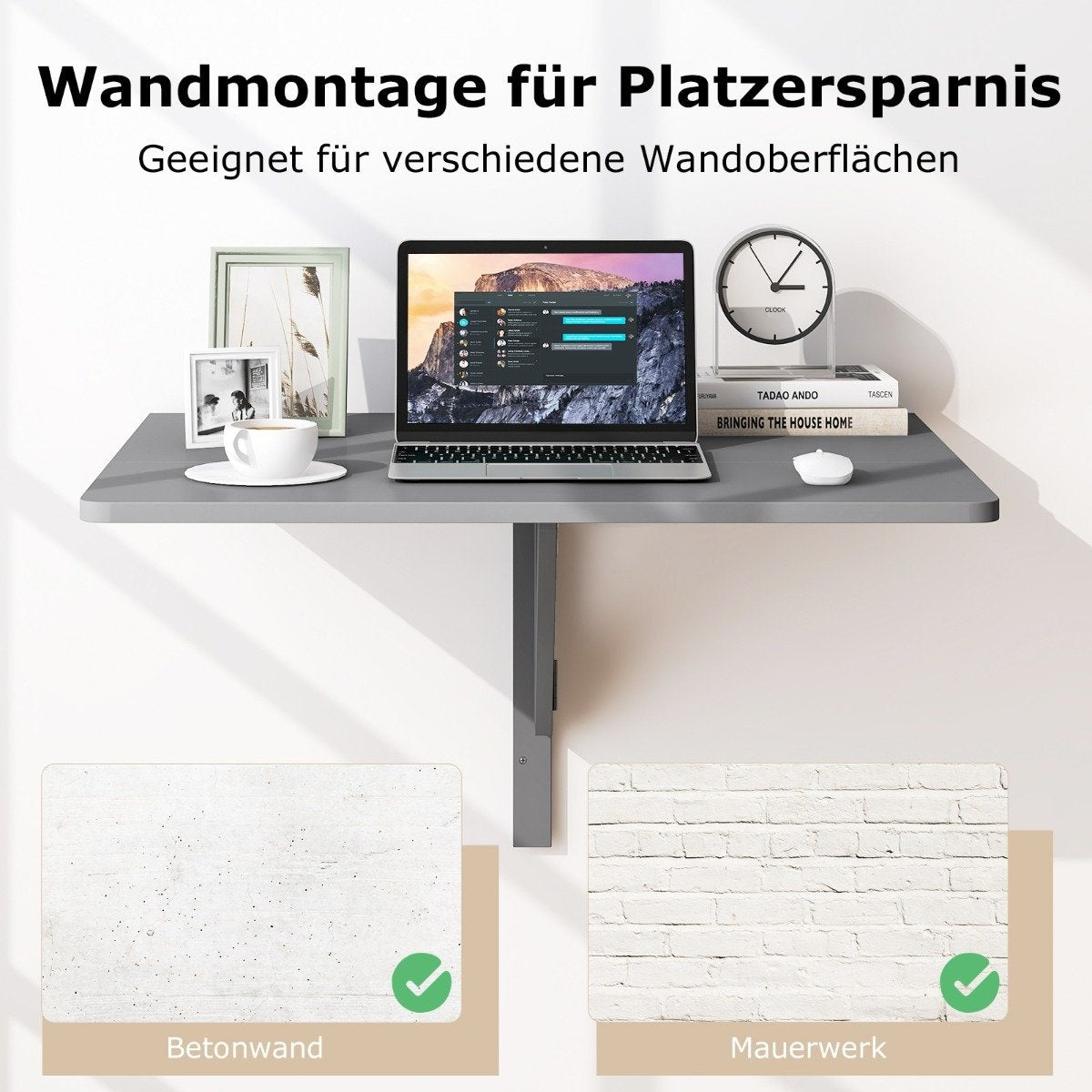Wall-Mounted Folding Desk, Space-Saving, 80x60 cm, Gray