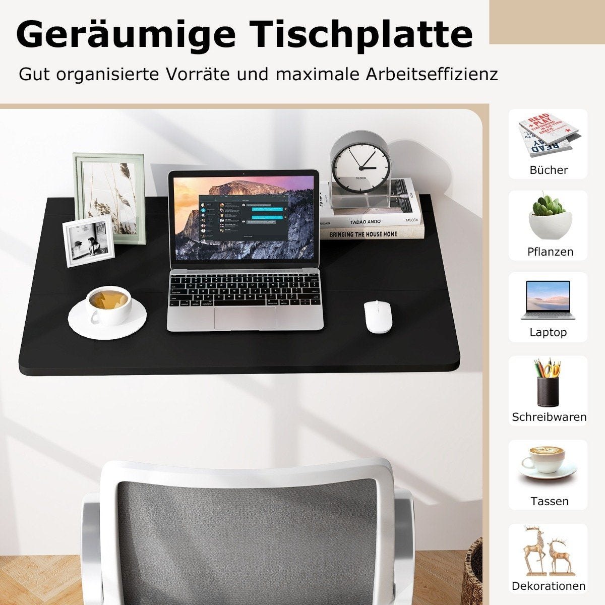 Wall Mounted Folding Table Space Saving Kitchen Table Folding Wall Table 80 x 60 cm Black
