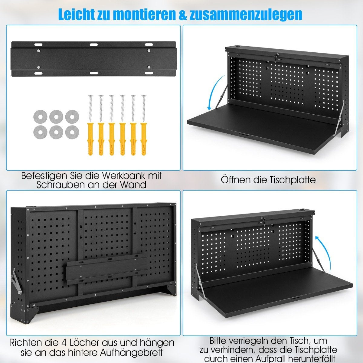 Wall Mounted Folding Workbench with Perforated Wall Hanging Work Table Black