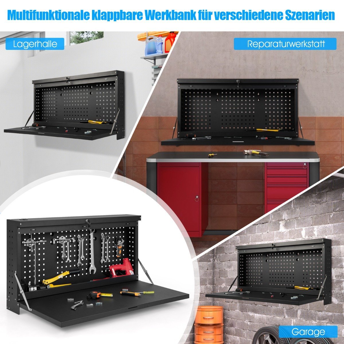 Wall Mounted Folding Workbench with Perforated Wall Hanging Work Table Black