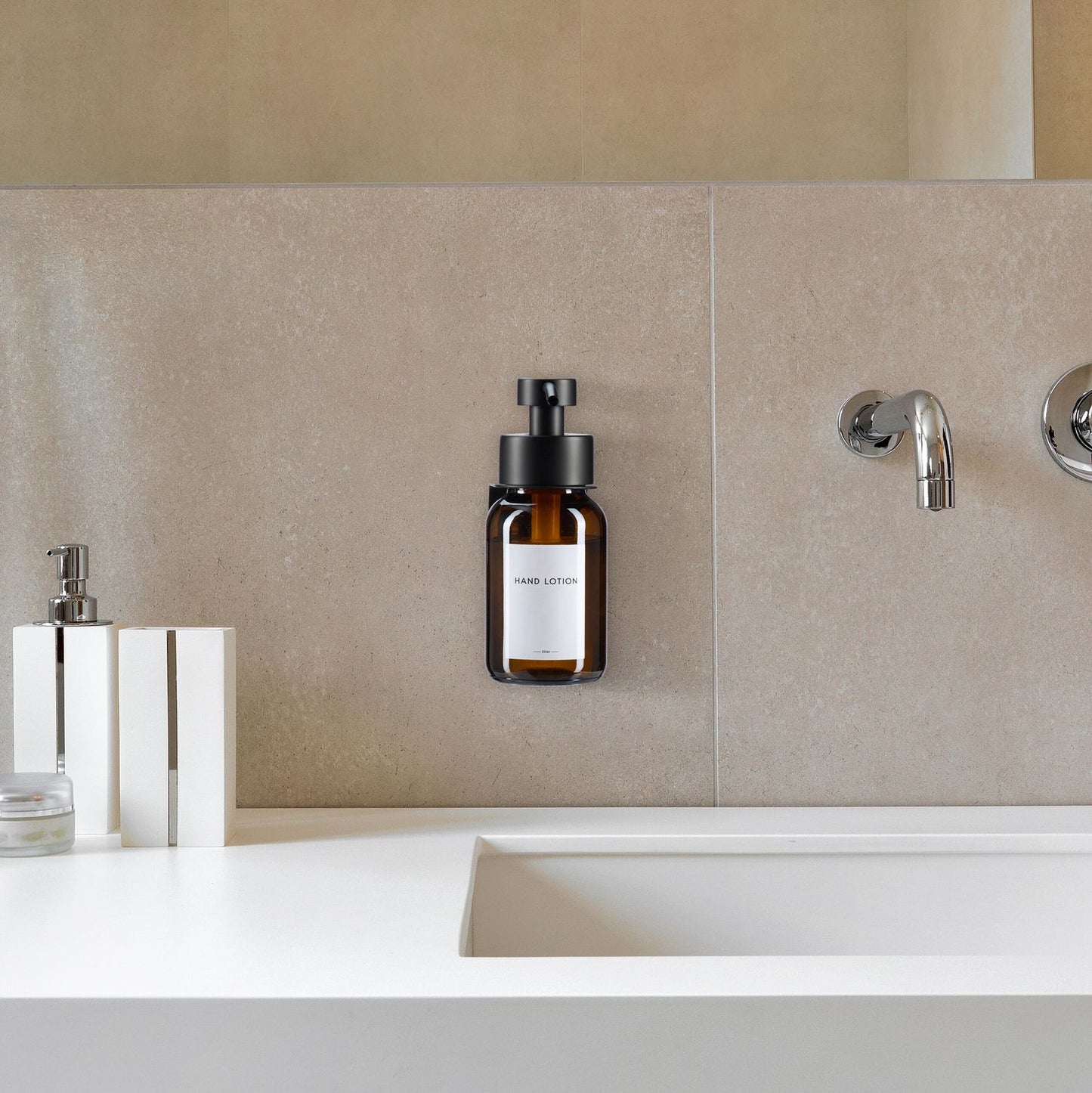 Wall-Mounted Glass Soap Dispenser, Amber, Black Pump