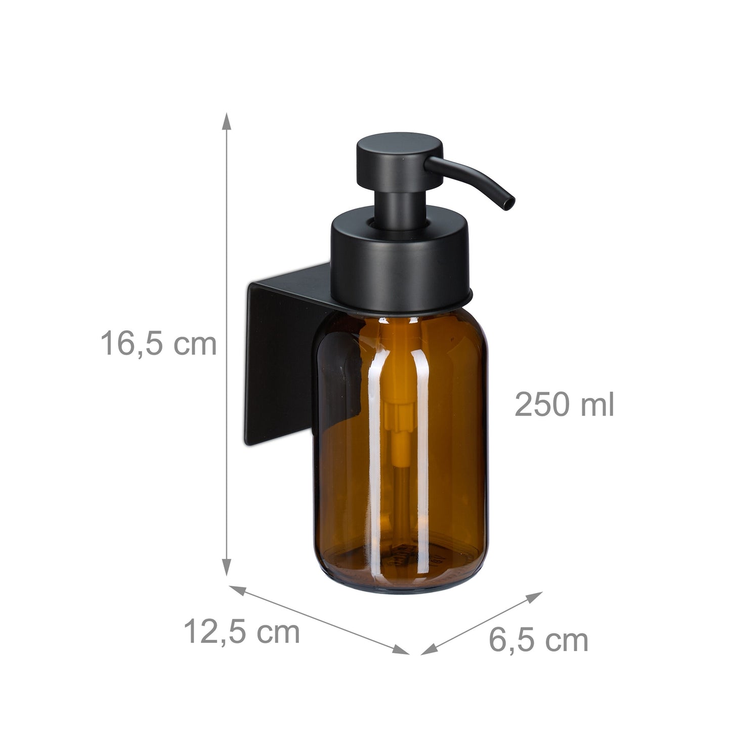 Wall-Mounted Glass Soap Dispenser, Amber, Black Pump