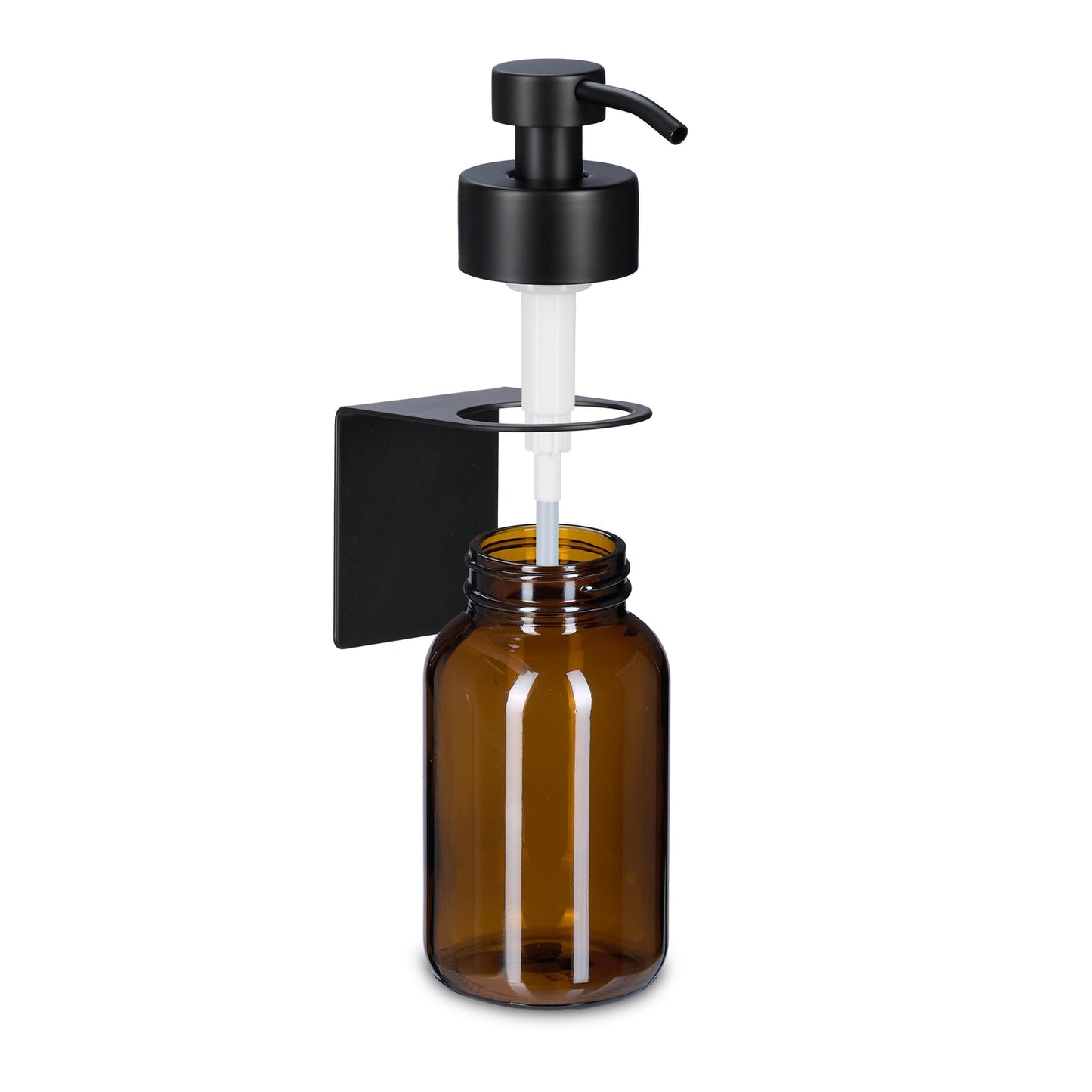 Wall-Mounted Glass Soap Dispenser, Amber, Black Pump