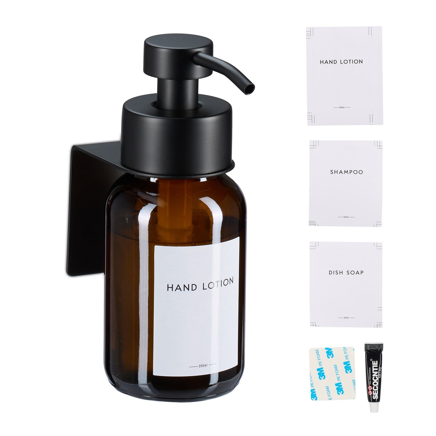 Wall-Mounted Glass Soap Dispenser, Amber, No-Drill