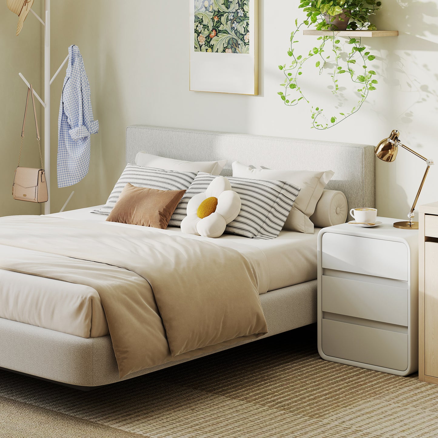 Wall-Mounted Headboard, Fabric Upholstery, 160x60 cm, Cream