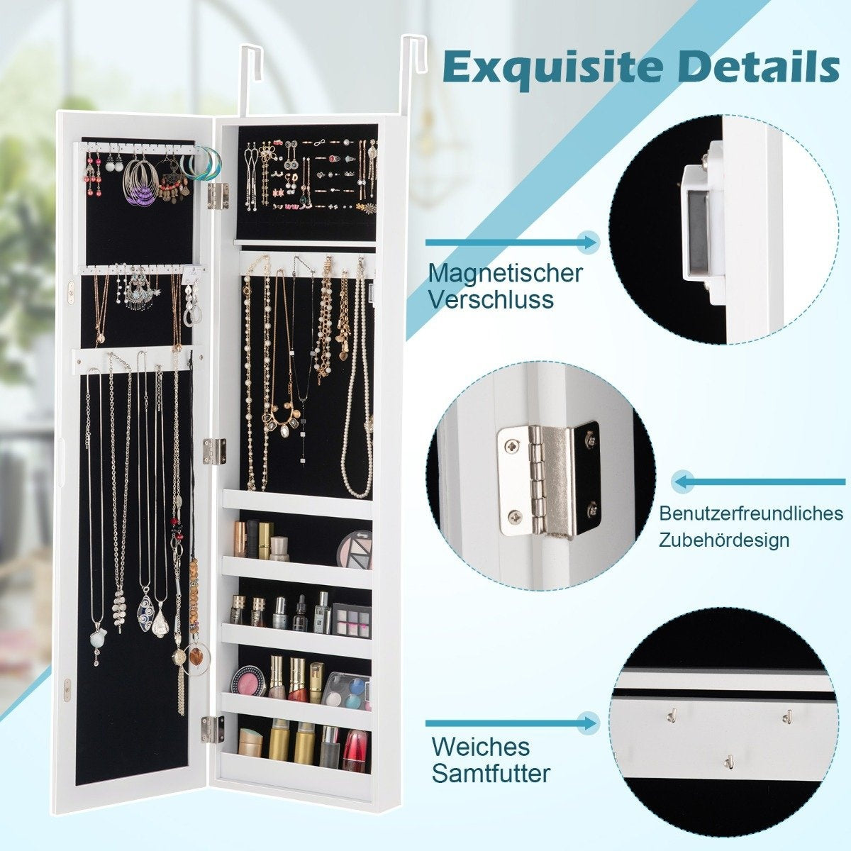 Wall-Mounted Jewelry Cabinet with Mirror and Storage