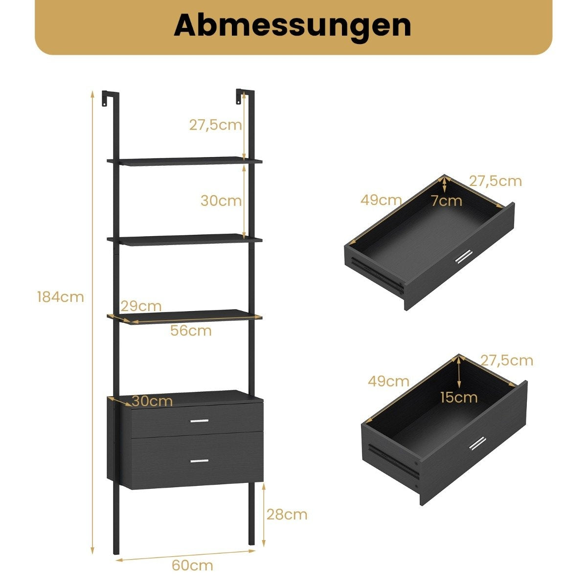 Wall-Mounted Ladder Bookshelf with Drawers, Black Metal Frame