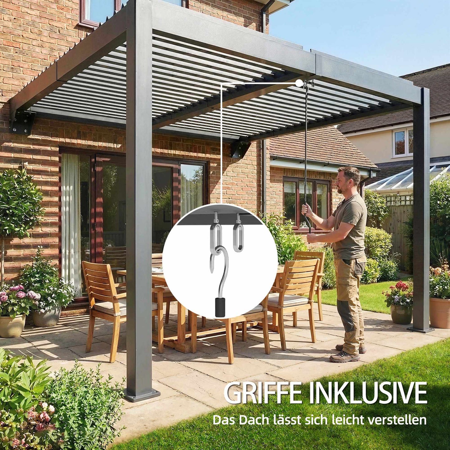 Wall-Mounted Louvered Pergola, 3x3m, Adjustable Metal Roof