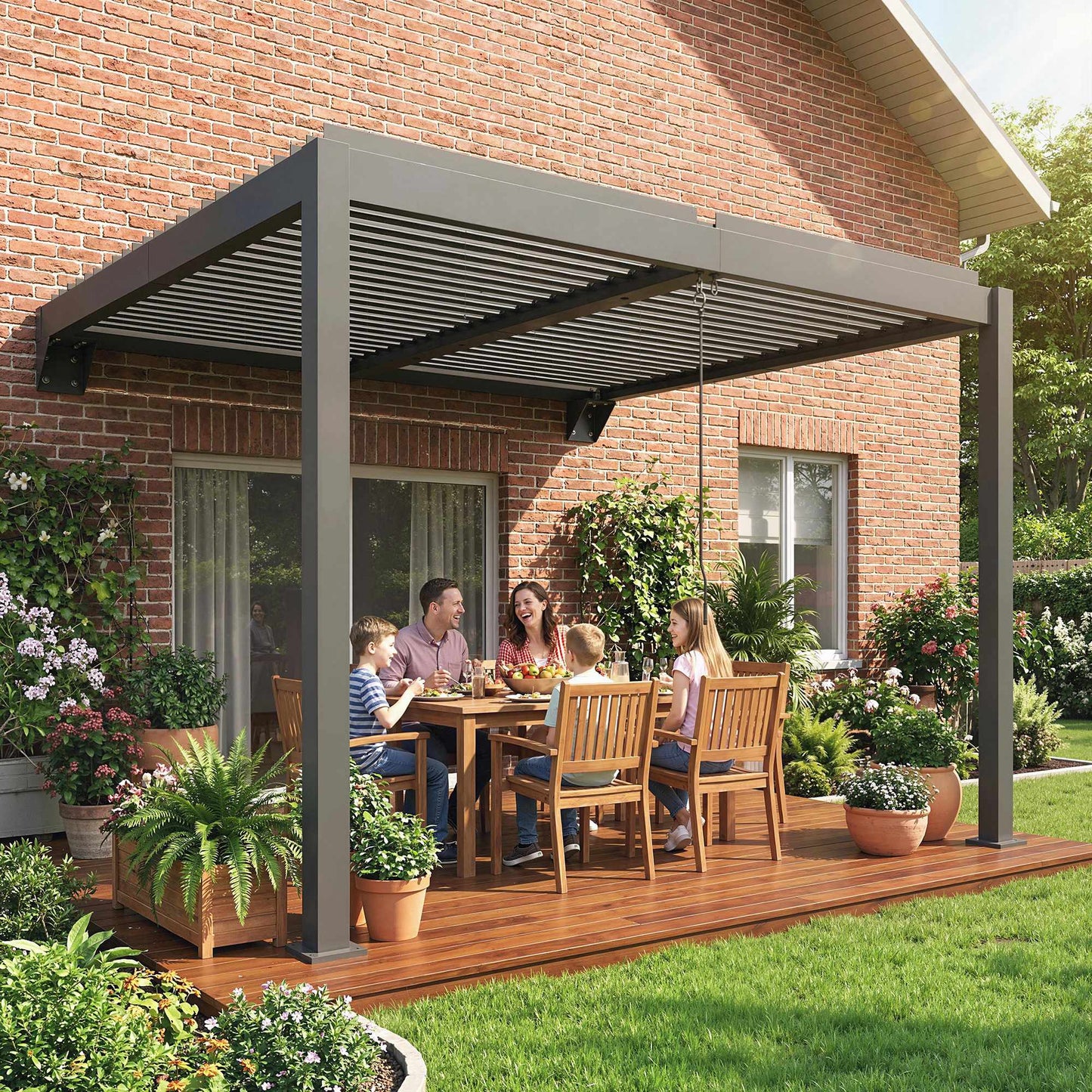 Wall-Mounted Louvered Pergola, 3x3m, Adjustable Metal Roof