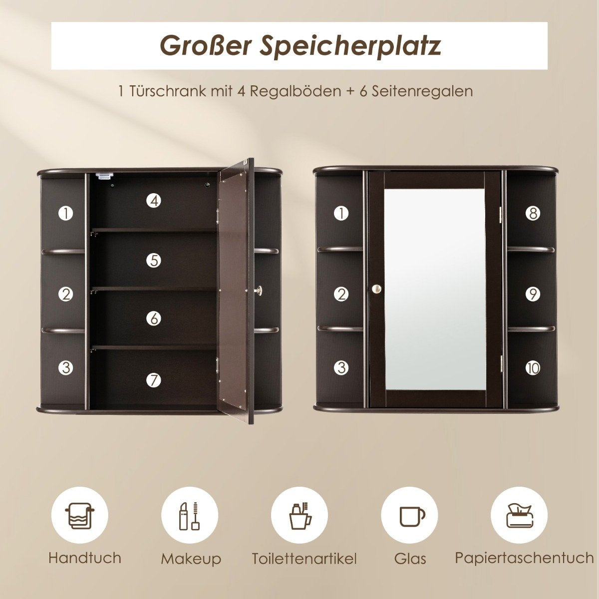 Wall Mounted Storage Cabinet Multipurpose Bathroom Medicine Cabinet 66 x 16.7 x 63 cm Brown