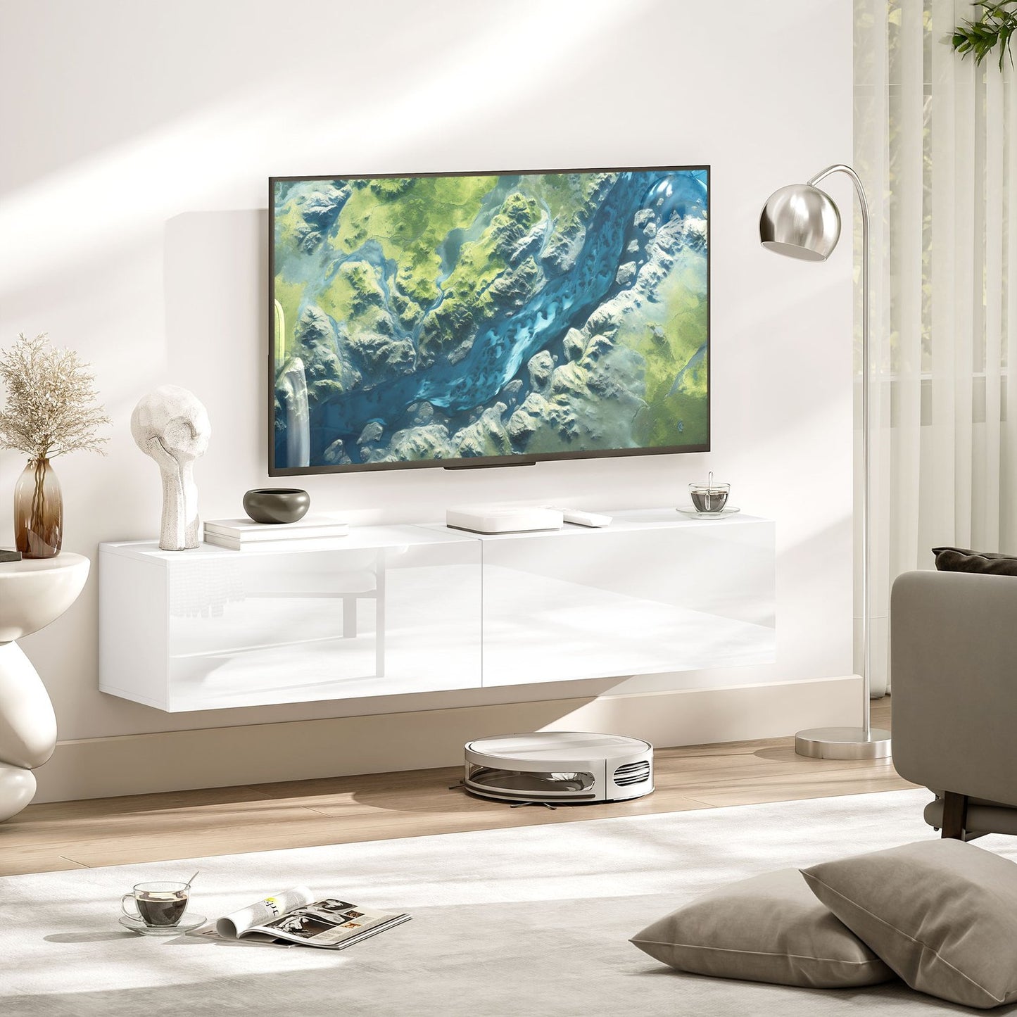 Wall-Mounted TV Cabinet, Floating Media Console, White