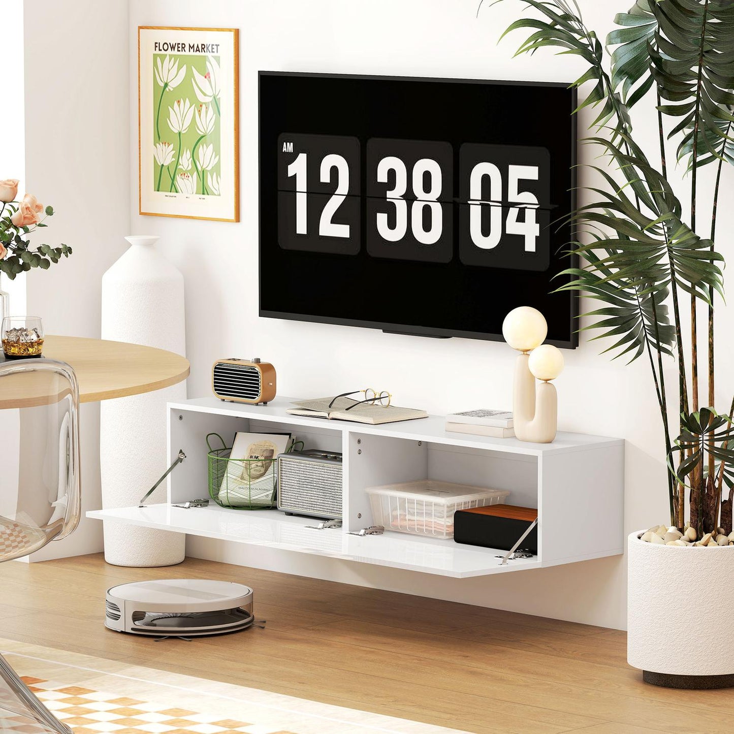 Wall-Mounted TV Cabinet, Floating Media Console, White