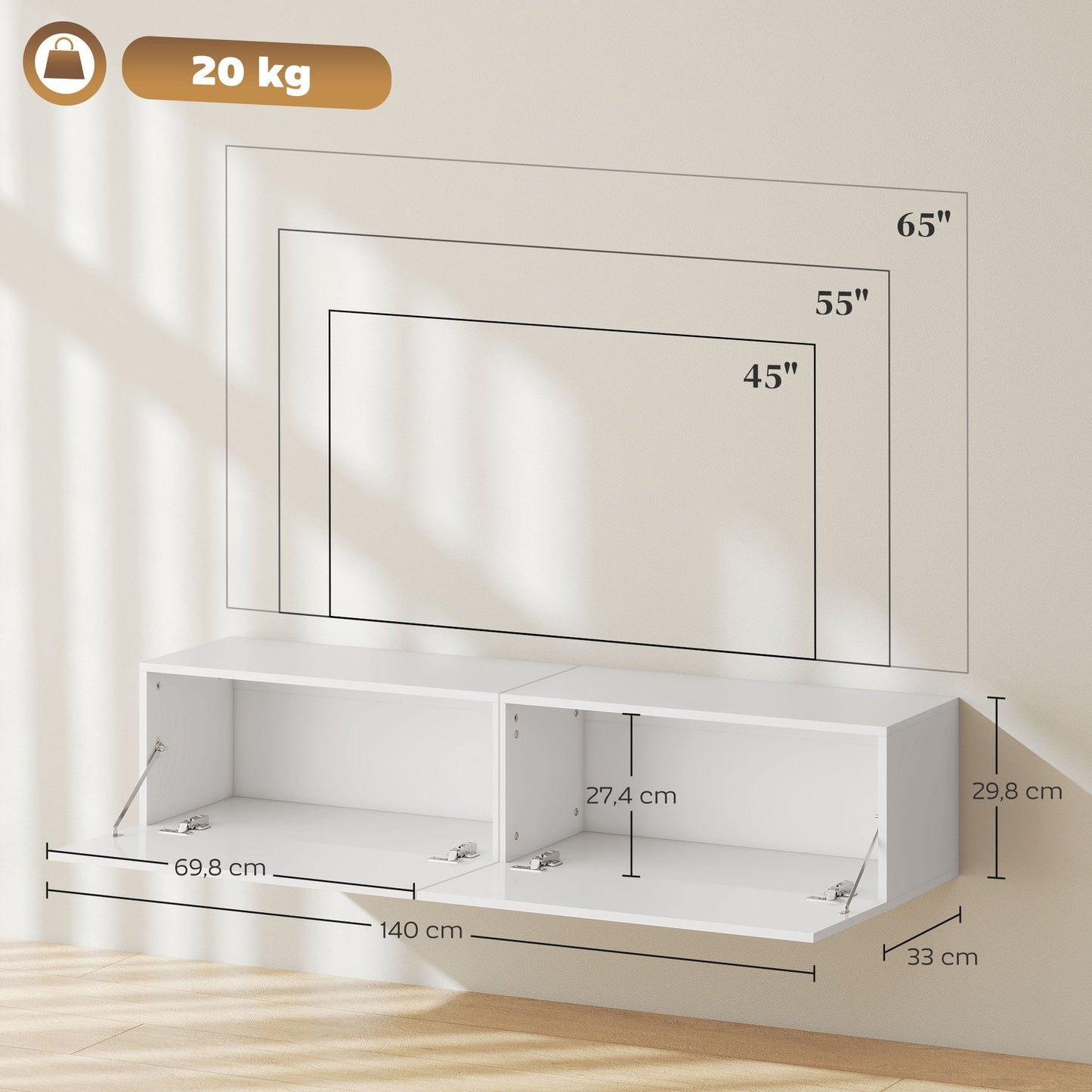 Wall-Mounted TV Cabinet, Floating Media Console, White