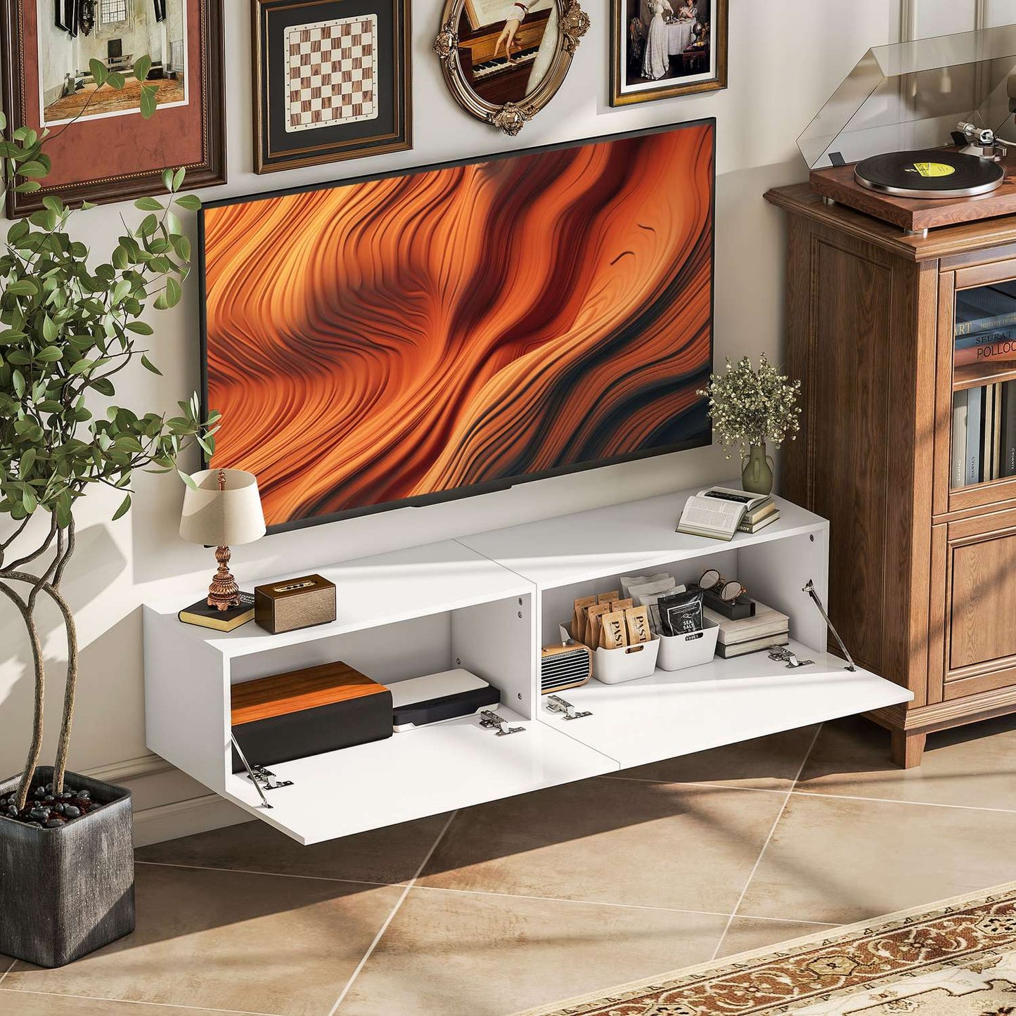 Wall-Mounted TV Cabinet, Floating Media Console, White