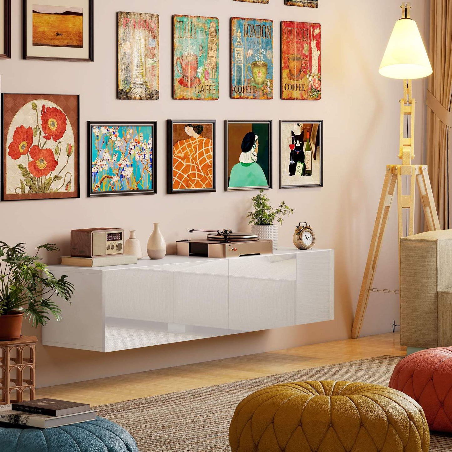 Wall-Mounted TV Cabinet, Floating Media Console, White