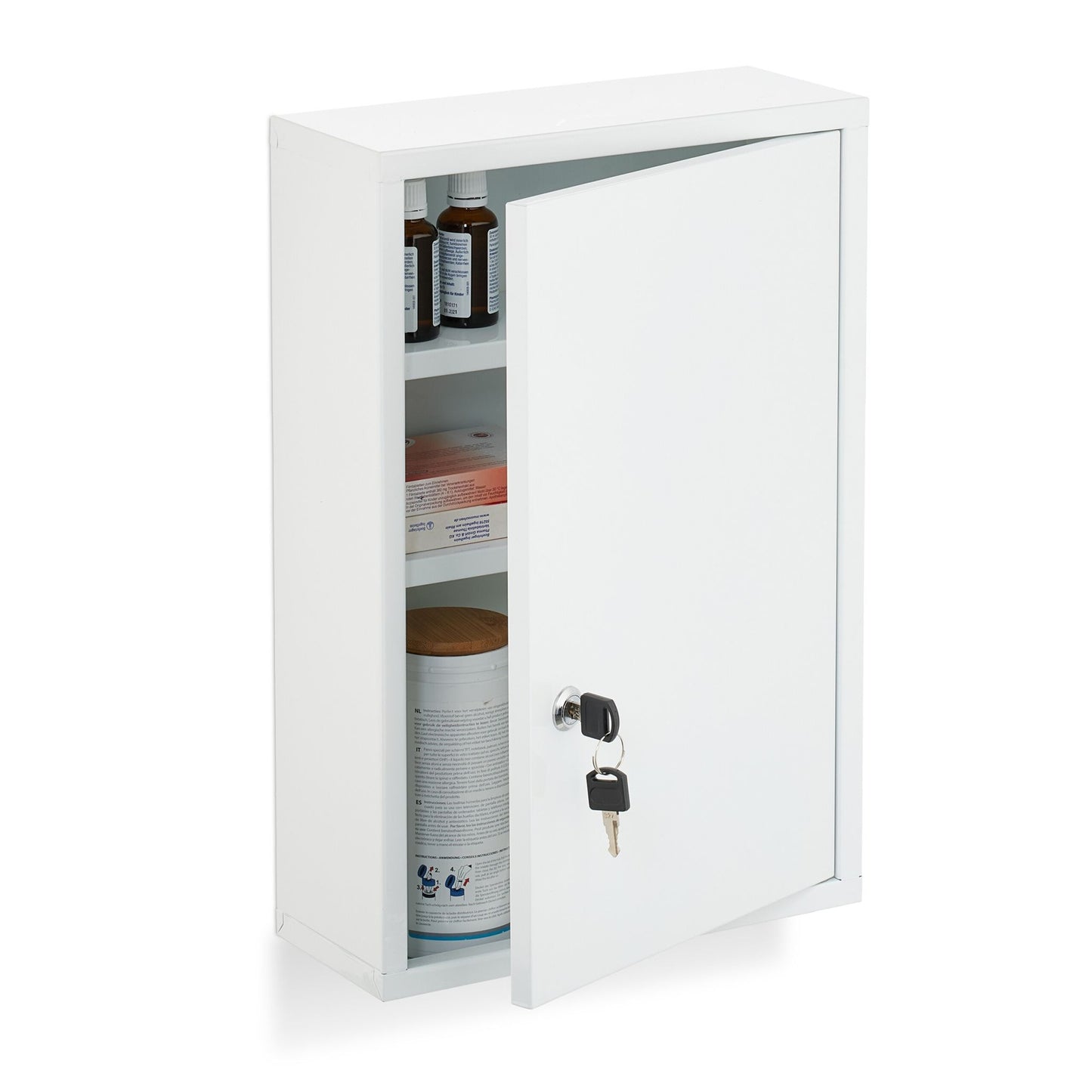 Wall-Mounted White Steel Medicine Cabinet with Lock